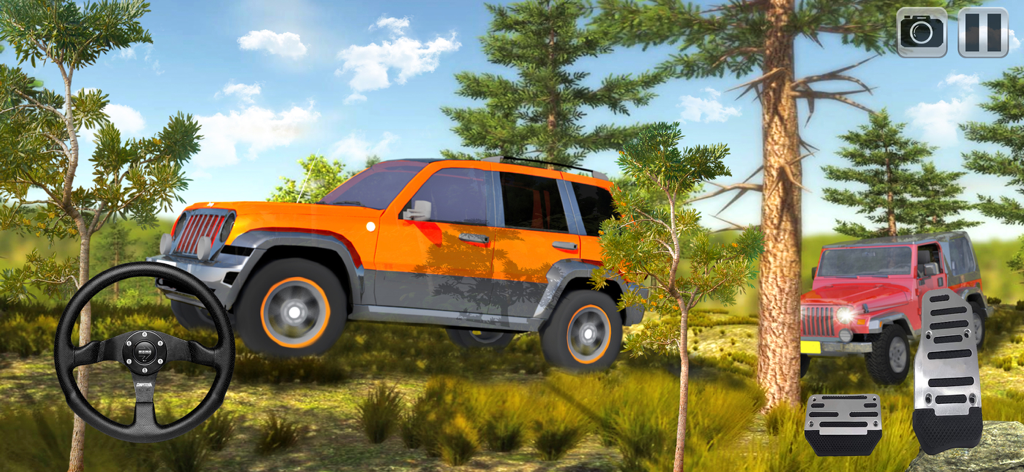 Offroad 4x4 Car Simulator 2023 - Gameplay of an orange SUV driving through a forest with on-screen controls in Offroad 4x4 Car Simulator 2023.