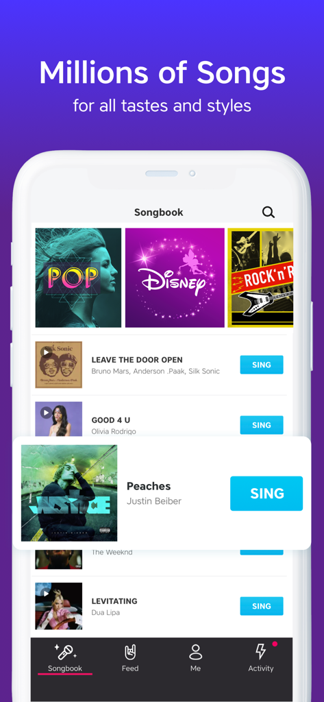 Yokee Karaoke app interface displaying a songbook with music genres and popular hit songs for singing