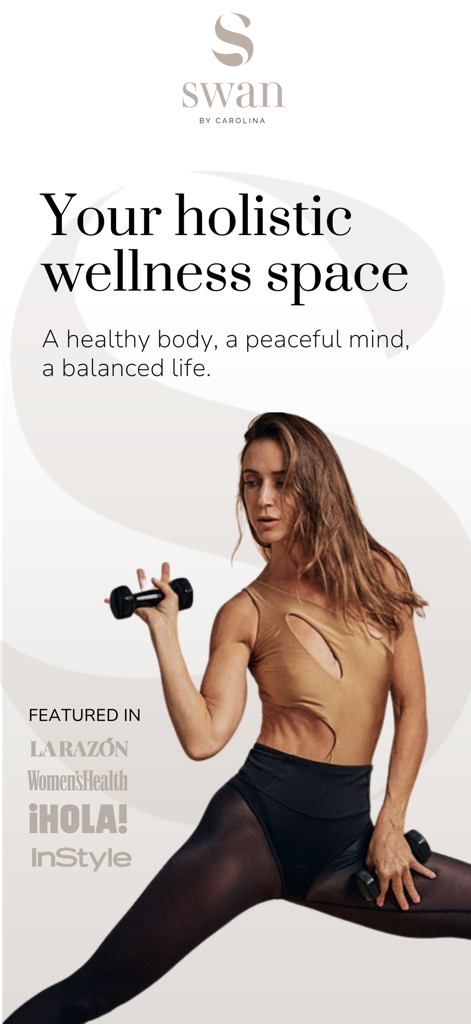 Swan by Carolina app home screen featuring a woman exercising and holistic wellness branding