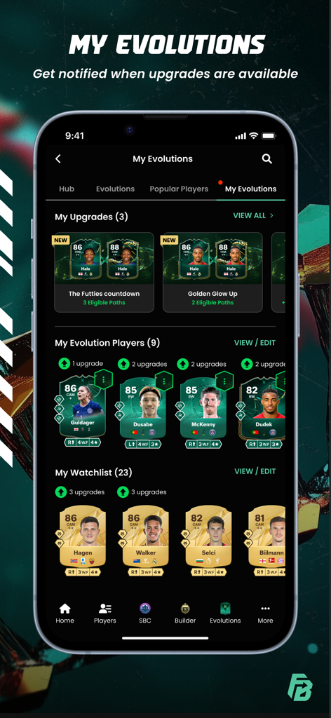 Mobile app interface of FUTBIN FC 26 showing player evolution paths and upgrade status