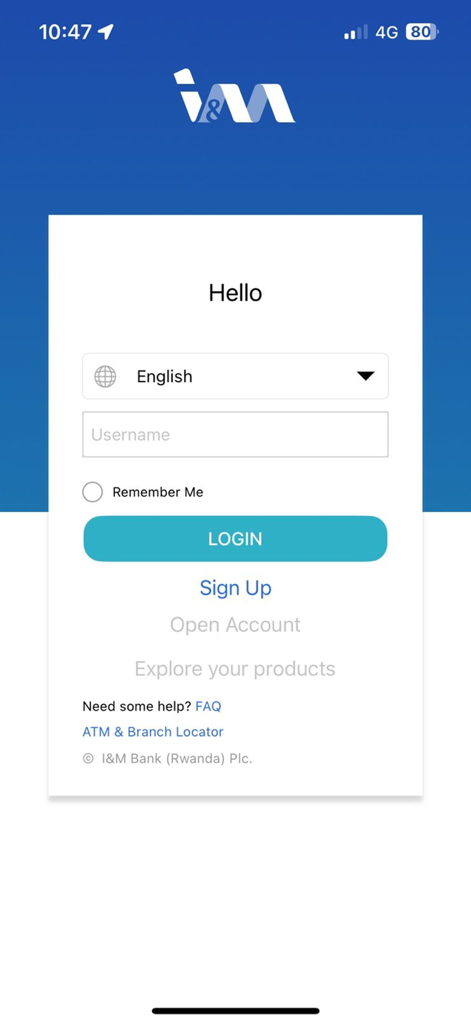 I&M Bank Rwanda - I and M Bank Rwanda mobile app login screen