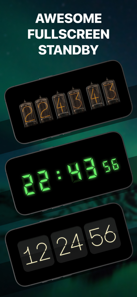 Pantallas de iPhone que muestran estilos de reloj digital de tubo Nixie y de efecto volcado en modo Standby a pantalla completa