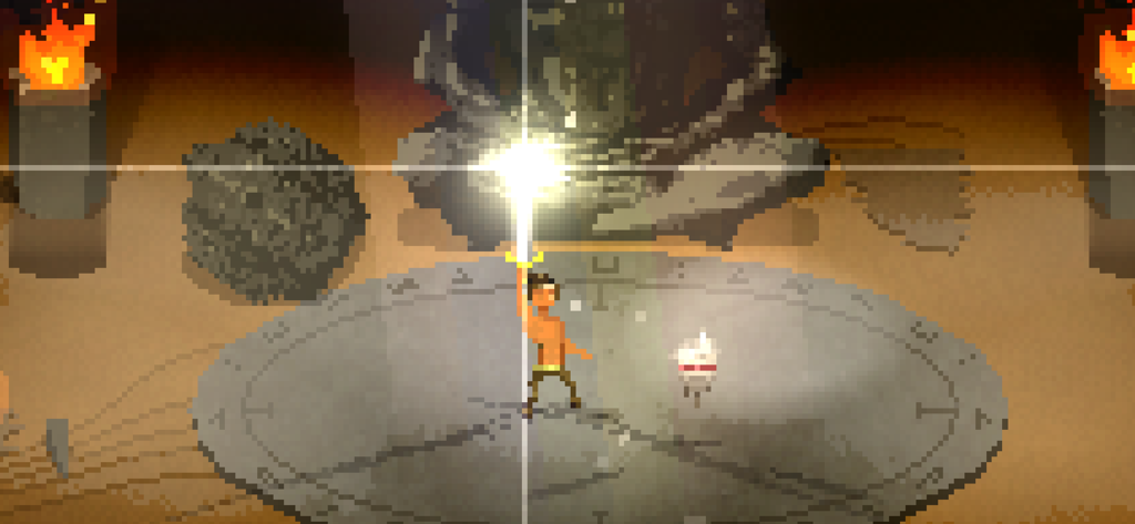 Pixel art protagonist Roq Epimetheos raising the glowing nanosword in a dungeon