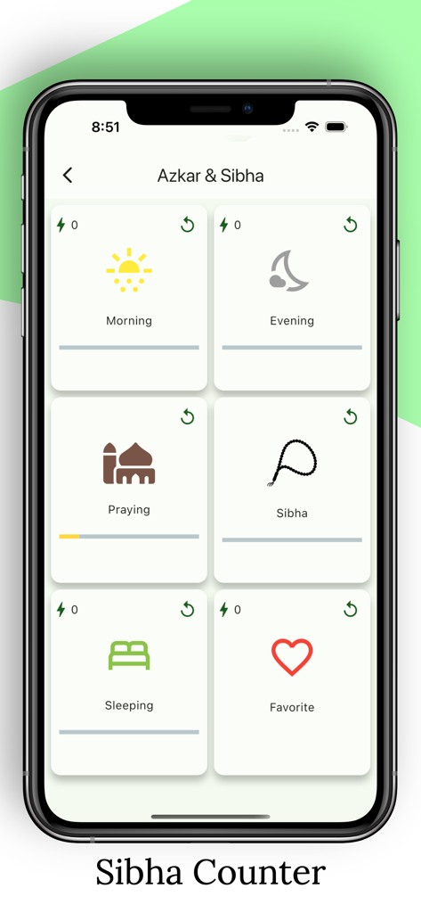Islamtics: Quran, Qibla & Azan - Screenshot of the Islamtics app showing the Azkar and Sibha digital prayer counter categories