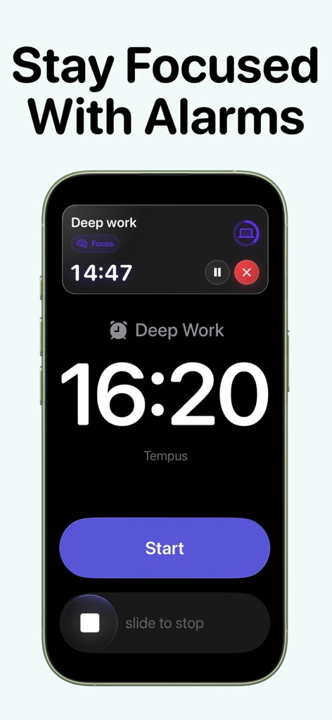 Tempus app focus mode screen displaying a deep work timer and alarm interface
