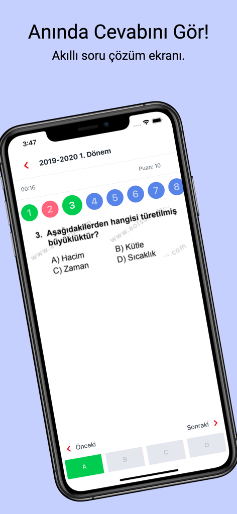 Practice exam interface of the AÖL Soru mobile app showing a multiple choice question