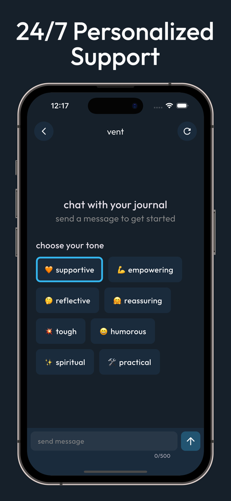 No Contact Tracker: After Us - Interface of the After Us app showing a personalized AI journal chat with multiple tone options like supportive and empowering.
