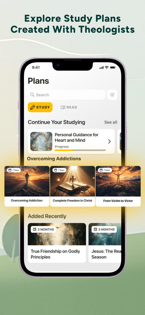 L'interfaccia dell'app Bibbia Chat che mostra vari piani di studio cristiani e devozionali giornalieri incentrati sul benessere spirituale.