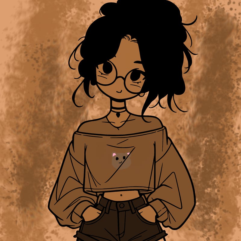 girl with a messy ponytail glasses a baggy crop top and jean shorts