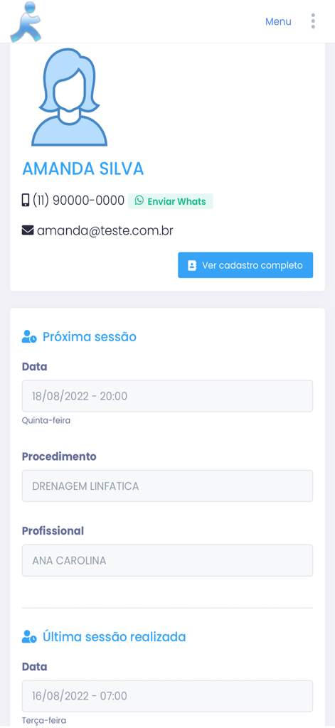 A patient profile page in a healthcare management app showing contact info and session history.