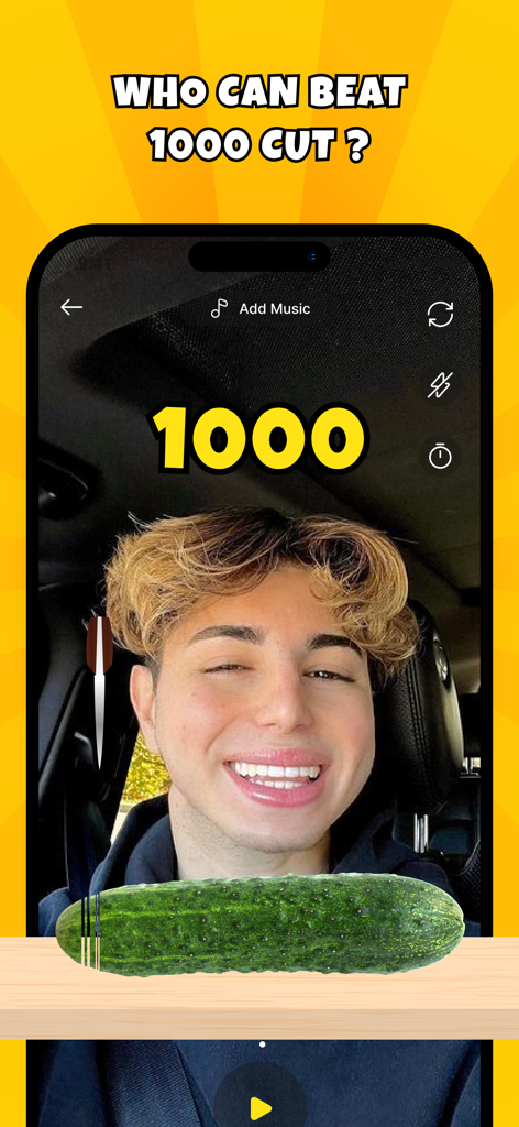 Food Challenge: Funny Filter - A user playing the Tap and Cut challenge by slicing a virtual cucumber in the Food Challenge app