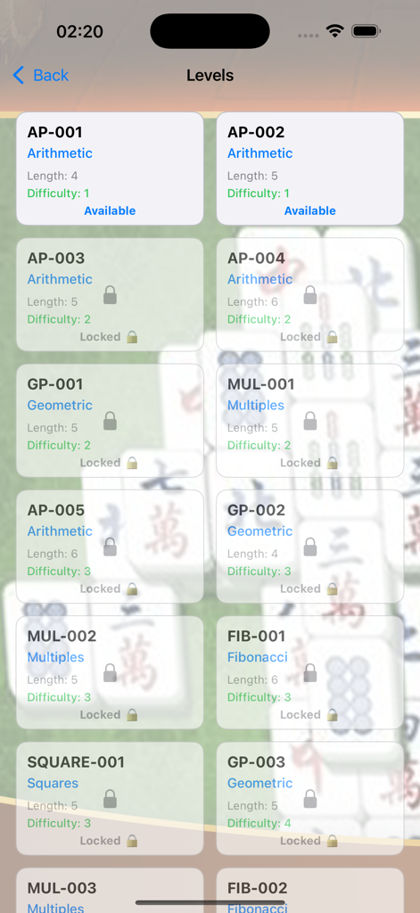 Number Rearrange - Levels selection screen showing arithmetic geometric and fibonacci sequence puzzles