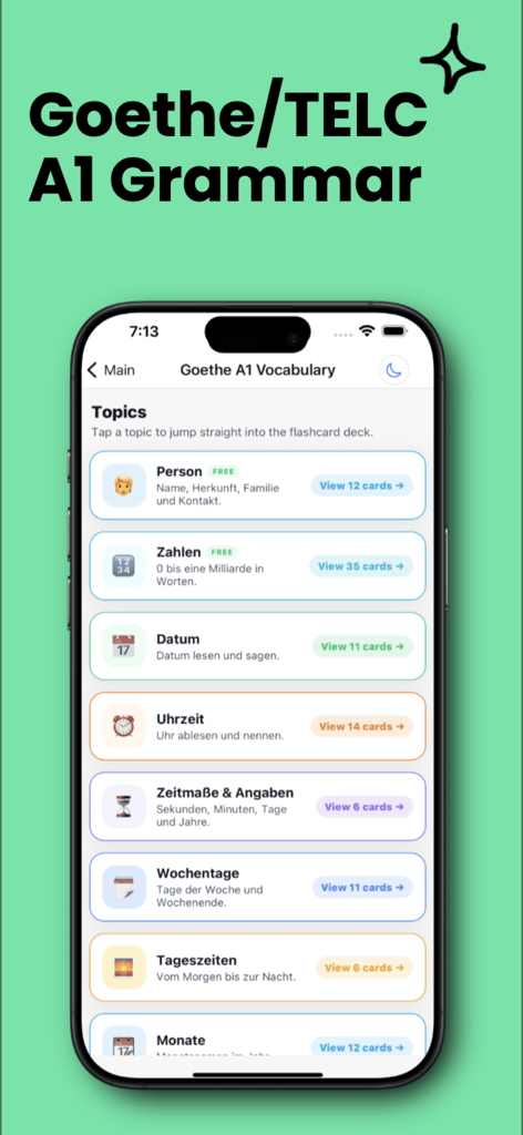 German A1 Exam: Goethe & telc - A list of German A1 vocabulary topics for exam preparation on a mobile app screen.