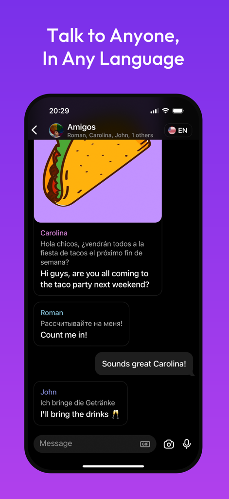 Entiendo - Multilingual Chat - Une interface de chat de groupe montrant les traductions en temps réel de l'espagnol, du russe et de l'allemand vers l'anglais.
