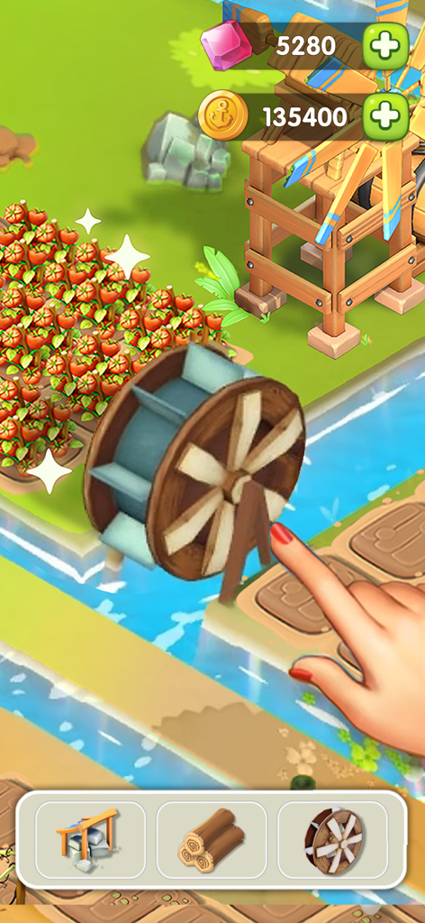 アイランドファームアドベンチャーのゲームプレイで、プレイヤーがトマト畑と風車の近くに水車を設置している様子