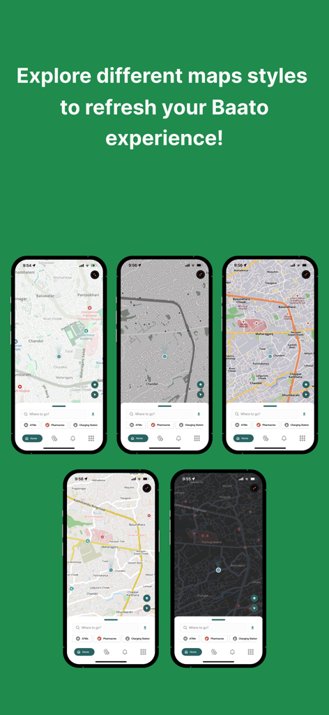 Baato Maps - A display of various map themes and navigation styles available in the Baato Maps mobile app interface