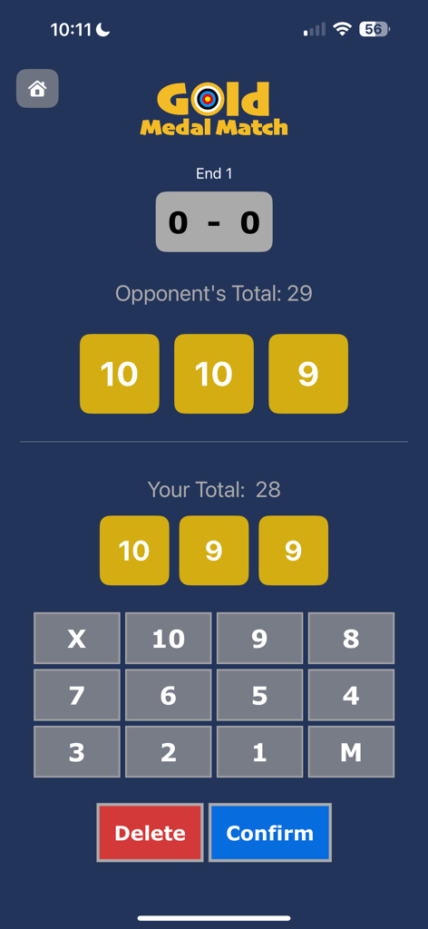 Gold Medal Match - Pantalla de puntuación del simulador de competición de tiro con arco que muestra los puntos del partido y los resultados del oponente virtual