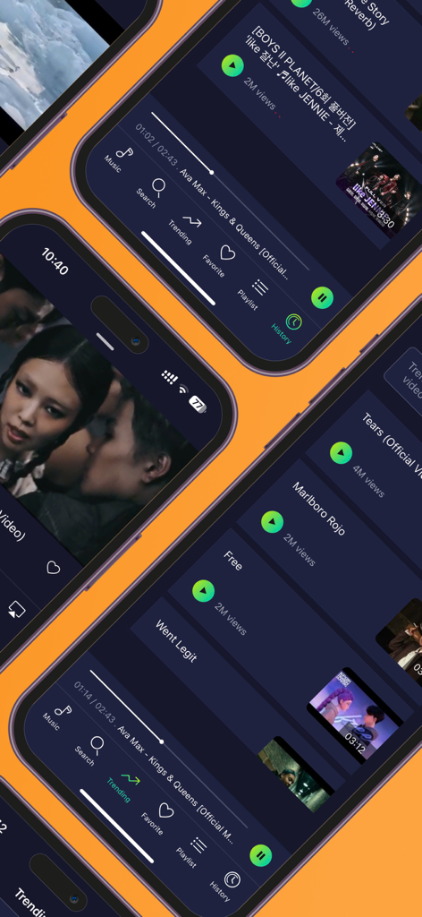 Interfaz con tema oscuro del reproductor de música y vídeo Player GR en múltiples pantallas móviles.