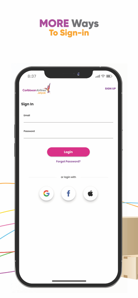 Caribbean Jetpak - Caribbean Jetpak app sign-in screen showing email and password fields along with Google Facebook and Apple login options