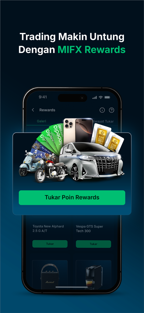 MIFX - Un'interfaccia di app mobile per MIFX che mostra un programma a premi con premi tra cui un'auto di lusso, una motocicletta, uno smartphone e lingotti d'oro.