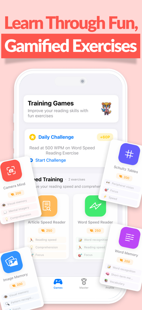 Speed Readingo: Read Faster - Speed Readingo app interface showcasing gamified exercises like Schultz Tables and Camera Mind for speed reading training
