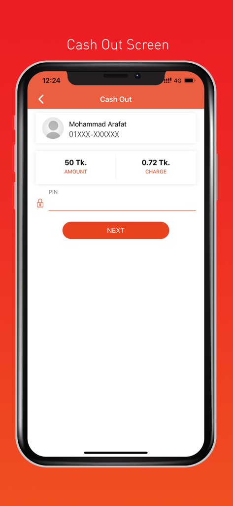 Nagad - Interfaz de retiro de efectivo de la aplicación Nagad que muestra el monto de la transacción y la entrada de PIN