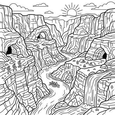 Embark on an epic summer journey through breathtaking limestone canyons with this detailed coloring page. Discover hidden caves, cascading waterfalls, and lively river scenes awaiting your creative touch.