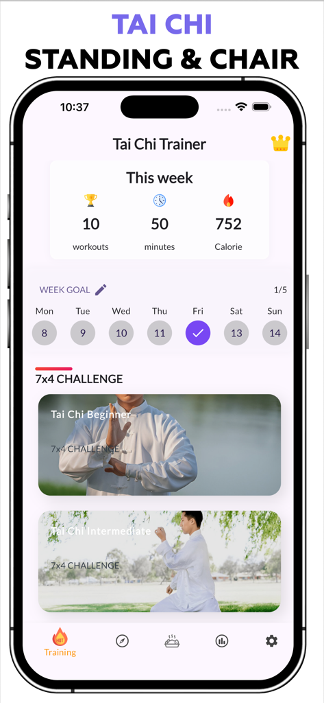 Dashboard dell'app Tai Chi Trainer che mostra le statistiche settimanali degli allenamenti e i programmi di allenamento per principianti e intermedi.