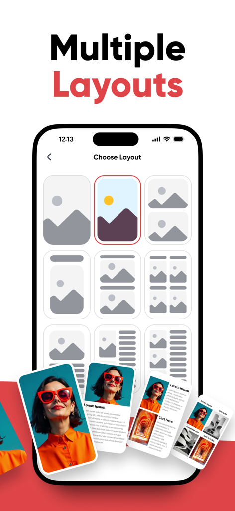 JPG to PDF | Photos to PDF - Interface de smartphone mostrando vários modelos de layout de página para converter imagens em documentos PDF profissionais