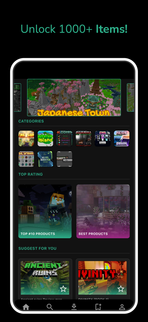 Addons skins for Minecraft - Pantalla de inicio de la app Addons skins para Minecraft mostrando mapas destacados y categorías