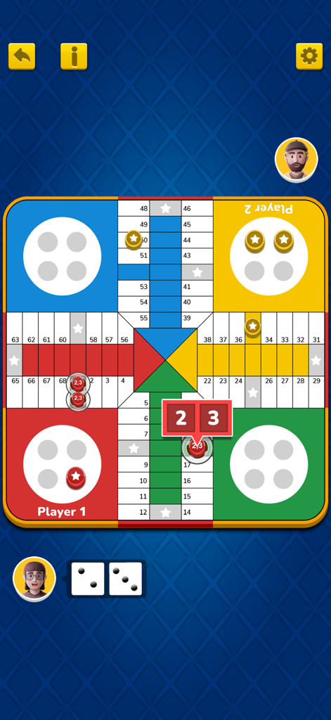 Jugabilidad del clásico juego de mesa Parchís con dados y avatares de jugadores