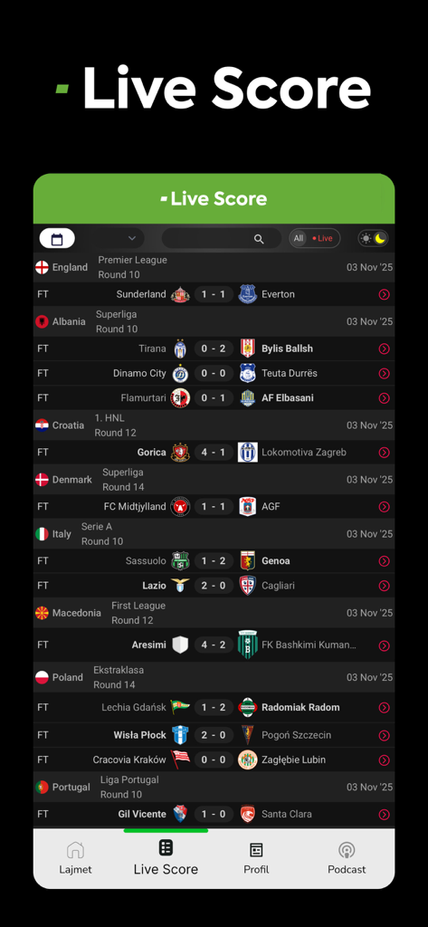 Telegrafi Sport - Pantalla de resultados en vivo de la aplicación Telegrafi Sport mostrando resultados de fútbol internacional.