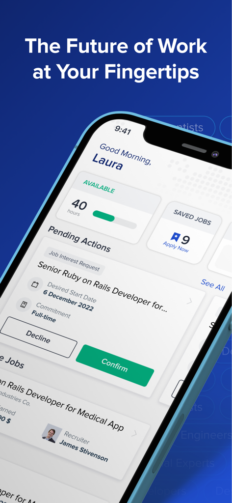 Interface do aplicativo Toptal Talent mostrando um painel de freelancer com status de disponibilidade de empregos e solicitações de interesse de emprego pendentes.