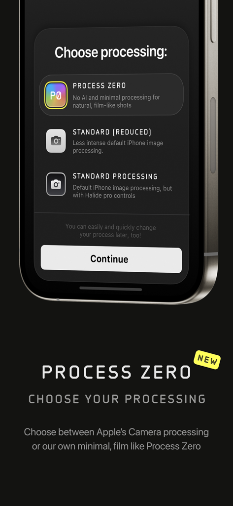 Process Zeroなどのさまざまな画像処理オプションを示すHalide Mark IIのインターフェース。