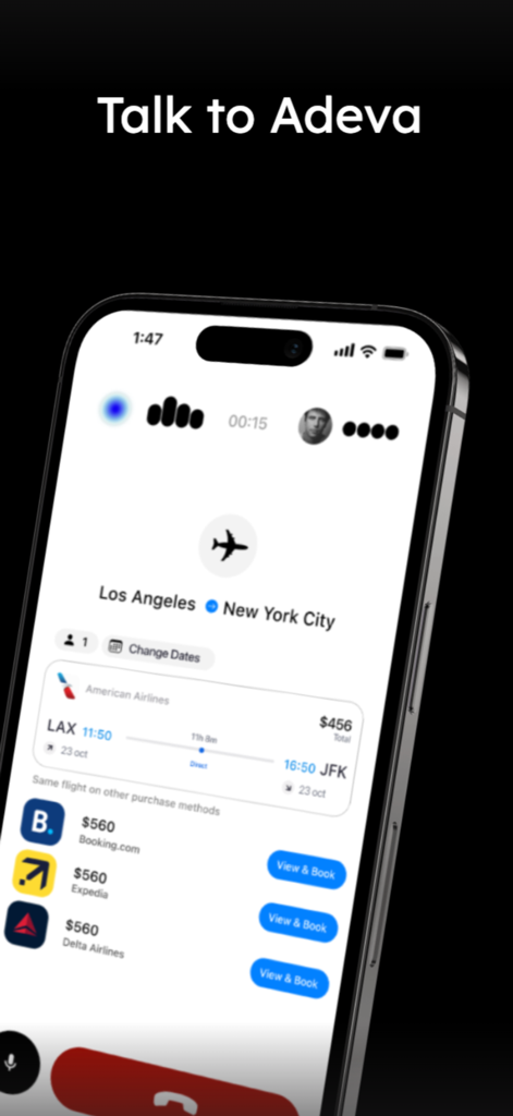 Smartrip AI - Smartrip AI mobile App, die die Adeva-Sprachoberfläche zur Buchung eines Fluges von Los Angeles nach New York City mit verschiedenen Flugoptionen anzeigt