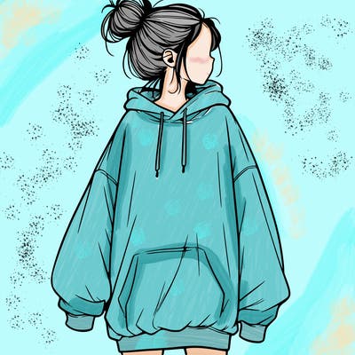 realistic girl with a oversized sweatshirt on and a bun