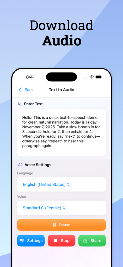TTS Reader : Read Text Aloud - Mobile app interface of TTS Reader showing text to speech settings with options to choose language and natural voices