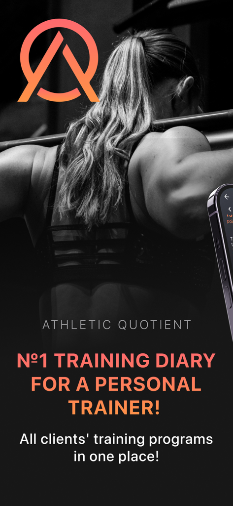 AQ Trainer - AQ Trainer app promotional screen showing its use as a digital training diary for fitness professionals