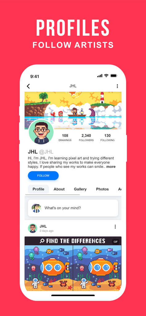 Schermata dell'app mobile Pixilart che mostra un profilo utente e funzionalità social per artisti
