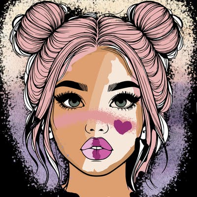 realistic girl with two buns on her hair and lips