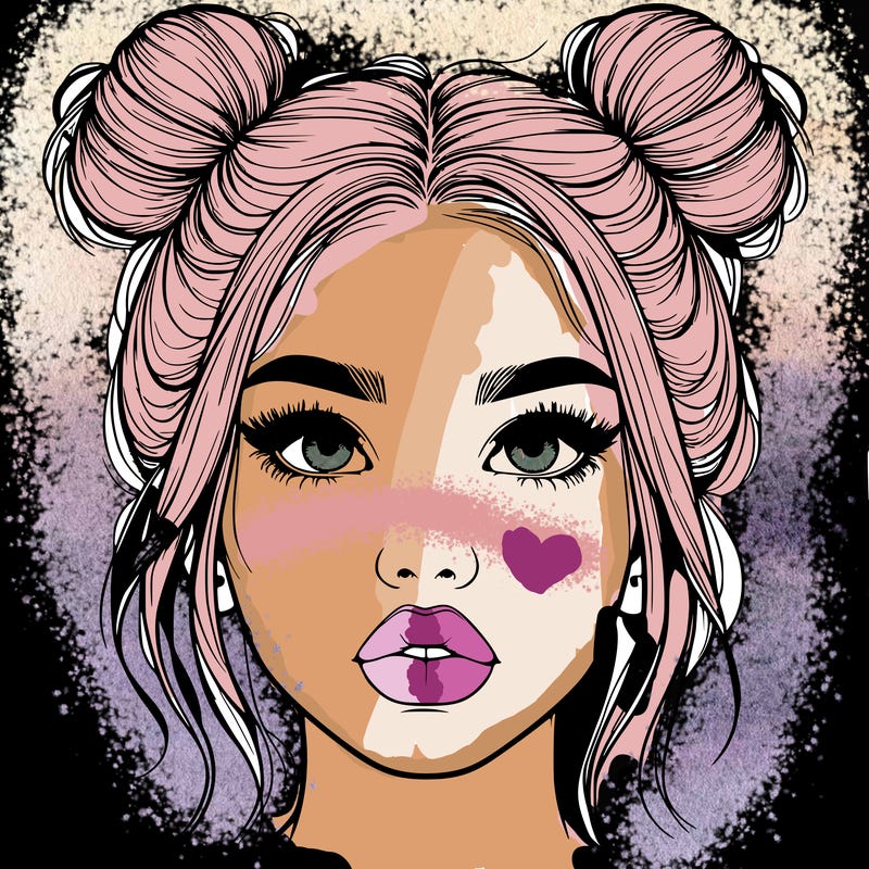 realistic girl with two buns on her hair and lips