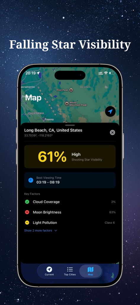 Shooting Star & Meteor Shower - A mobile interface of the FallingStar app displaying a 61 percent shooting star visibility forecast for Long Beach with factors like cloud coverage and light pollution.
