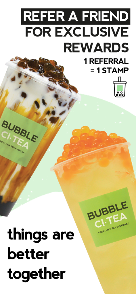 Bubble CiTea - Écran du programme de parrainage Bubble CiTea montrant les récompenses pour inviter des amis et des images de deux boissons bubble tea.