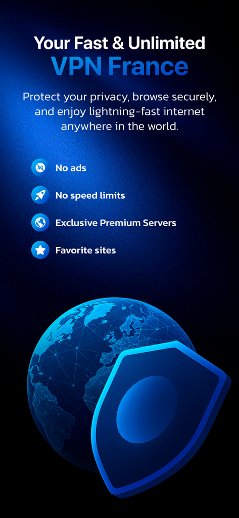 Interfaz de la aplicación VPN Francia Rápido Ilimitado que muestra protección de privacidad y funciones de servidor premium