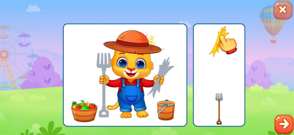 A toddler educational game screen where kids match objects like hay and a pitchfork to a farmer cat character