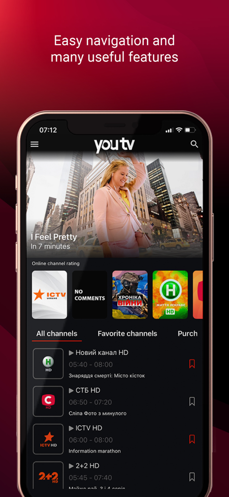youtv — online TV and movies - Interfaz de la app youtv mostrando una lista de canales de TV ucranianos y selección de películas.