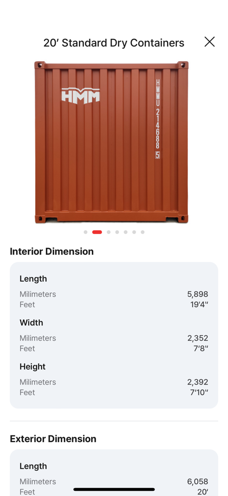 HMM e-Service - Especificaciones técnicas y dimensiones interiores de un contenedor estándar seco de 20 pies en la aplicación HMM e-Service.
