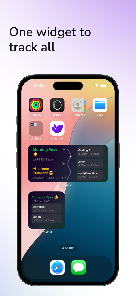 Lifestack: Circadian Planner - iPhone home screen with Lifestack widgets showing energy peaks and calendar events