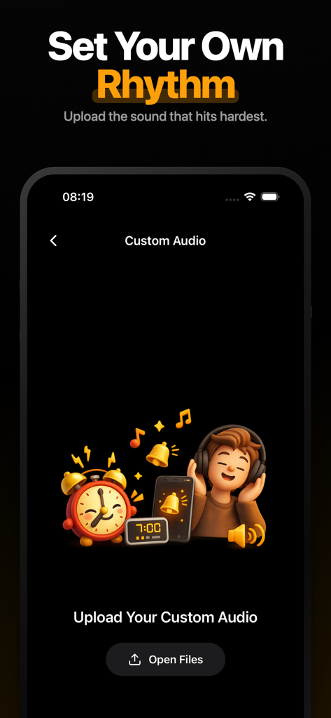 WakeNow: Loud Alarm Clock - WakeNow app screen for uploading custom alarm sounds with a Set Your Own Rhythm headline