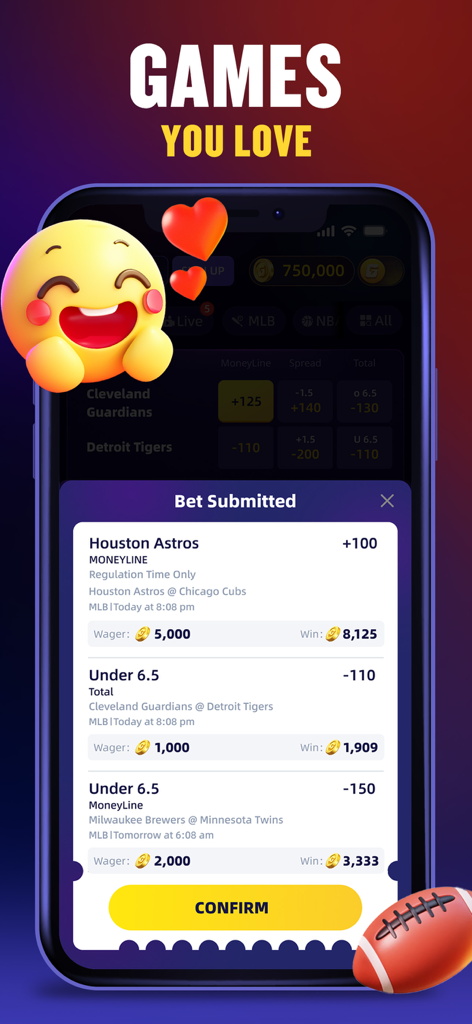 Gwin: Sportsbook For Cash &Fun - Mobile screenshot of the Gwin app showing a submitted bet slip with multiple sports picks and potential coin winnings